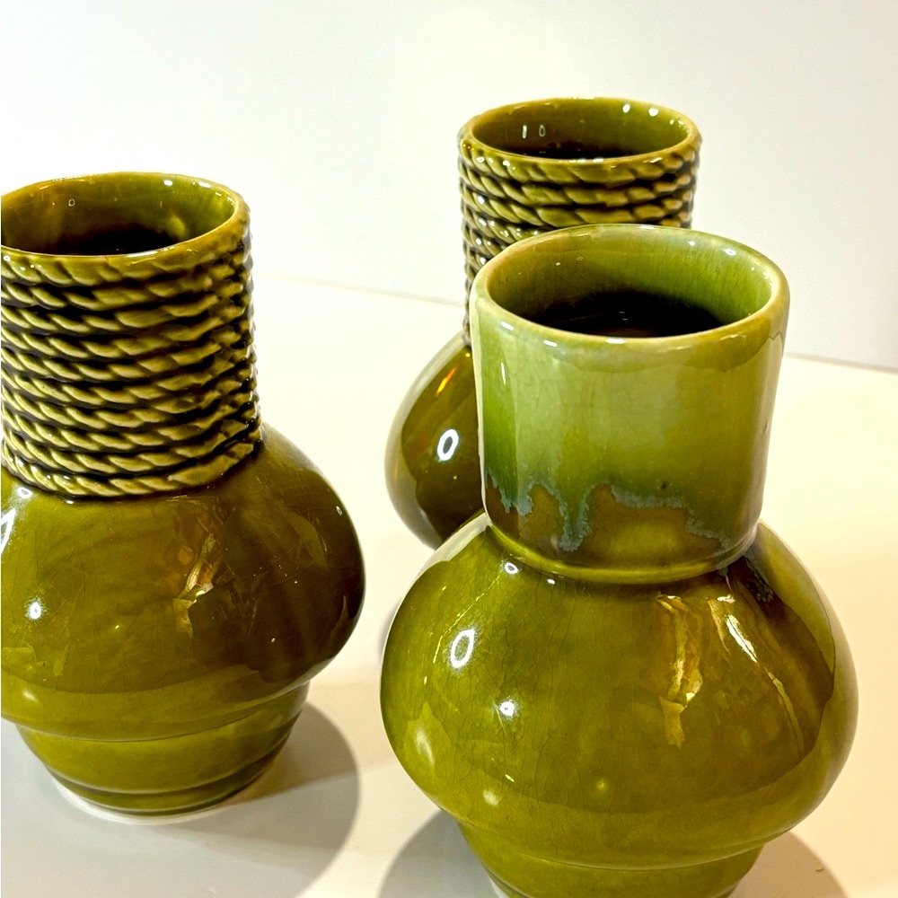 Vintage Nasco Japan Pottery decanter sake bottle Vases green drip glazed set 3